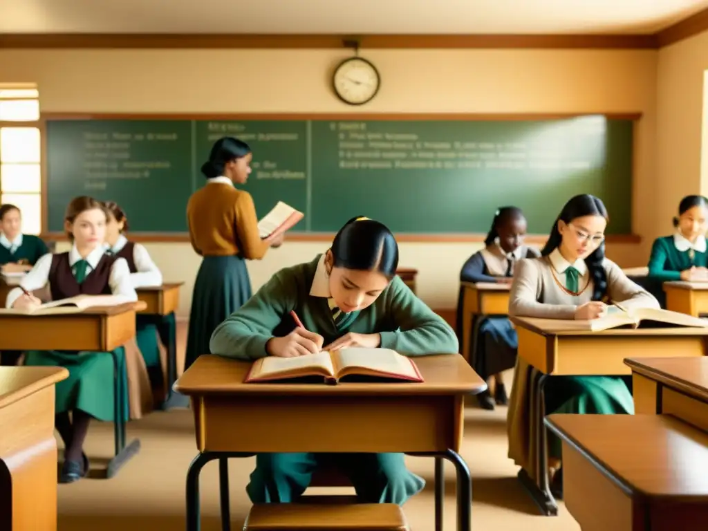 Estudiantes en aula vintage con libros y tarjetas, creando una atmósfera nostálgica