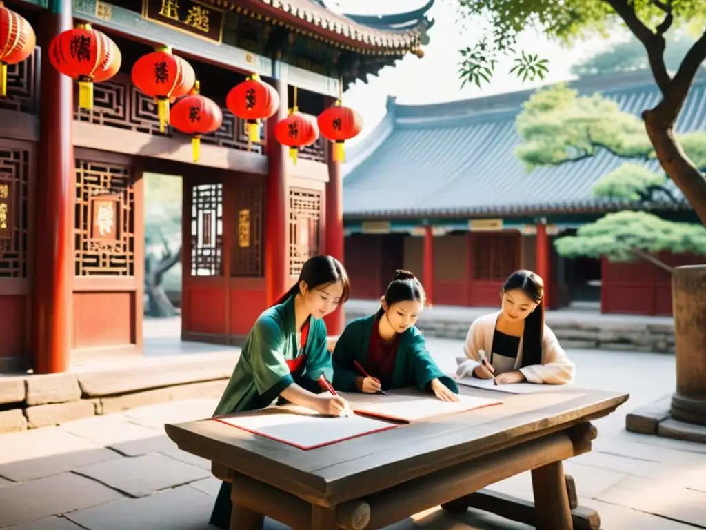 Estudiantes practican caligrafía en un patio chino con decoración tradicional y linterna roja, rodeados de vegetación exuberante en Beijing