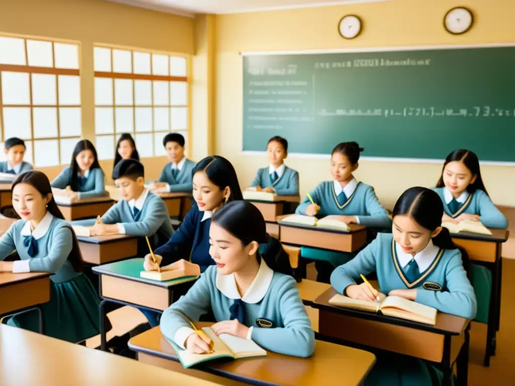 Estudiantes entusiasmados en aulas vintage aprendiendo idiomas con materiales tradicionales, integrando tecnología y AI