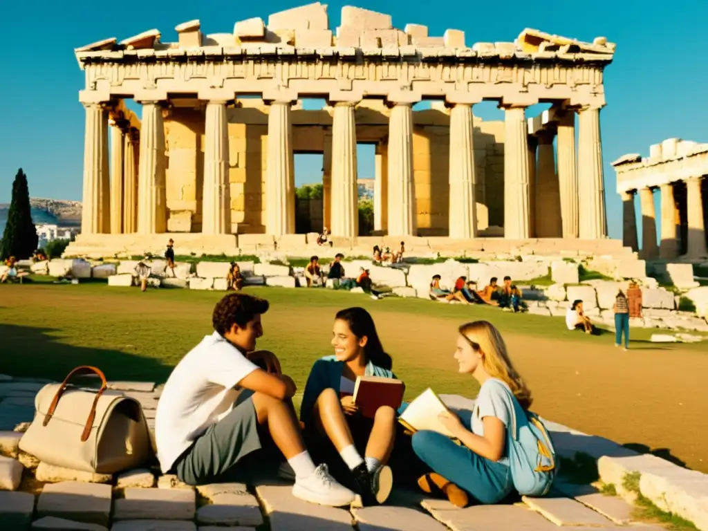 Estudiantes de griego moderno en Atenas, entre ruinas antiguas, libros y el Parthenon al fondo, creando una atmósfera nostálgica y atemporal