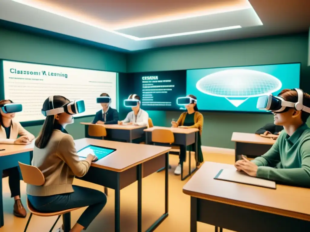 Estudiantes inmersos en el aprendizaje de idiomas en realidad virtual en un aula vintage futurista con tecnología holográfica