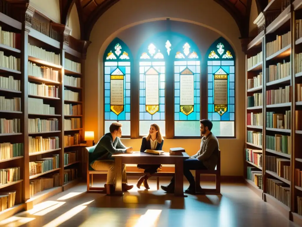 Estudiantes inmersos en un intercambio de idiomas en una biblioteca histórica, practicando lenguas antiguas