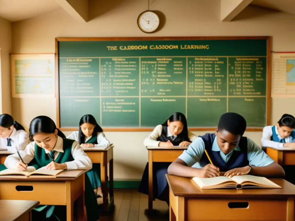 Estudiantes inmersos en métodos innovadores aprendizaje idiomas en aula vintage, expresan curiosidad y determinación