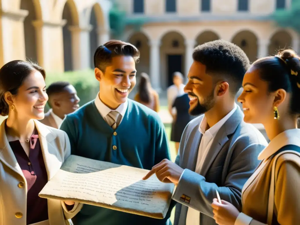 Estudiantes inmersos en programas de intercambio para aprender lenguas antiguas, participando con entusiasmo en una atmosfera histórica de aprendizaje