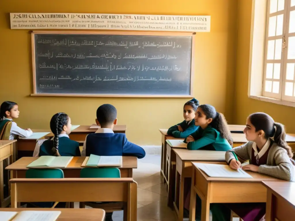 Estudiantes disfrutan de una lección de griego moderno en un aula vintage en Atenas, Grecia