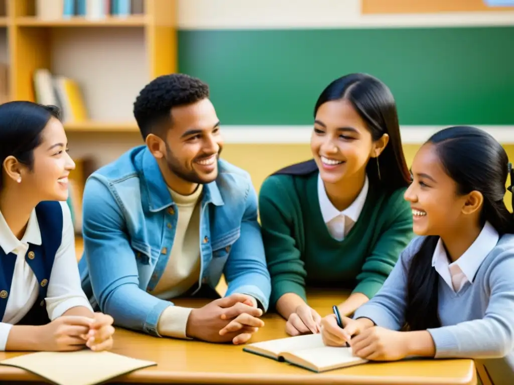 Estudiantes diversos participan animadamente en una lección de AICLE, mostrando el potencial de la educación bilingüe AICLE para el futuro