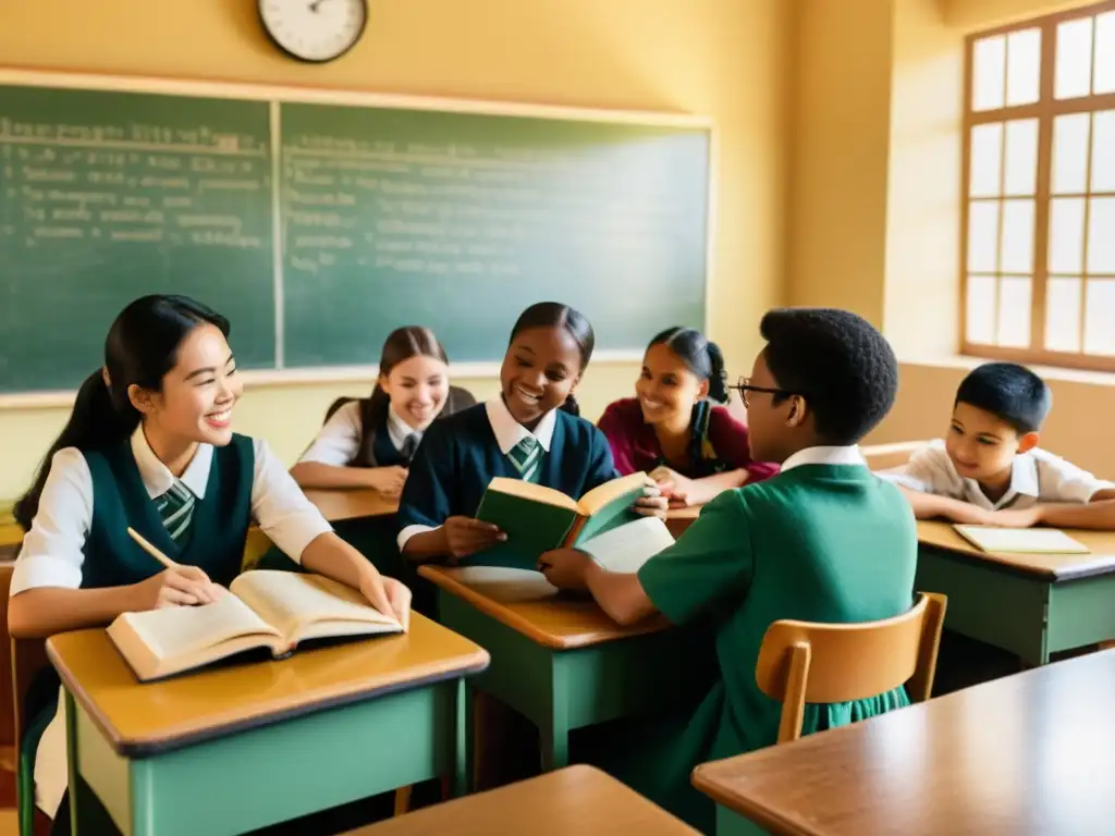 Estudiantes multiculturales disfrutan de beneficios del multilingüismo cognitivos culturales en una escena vintage de aula