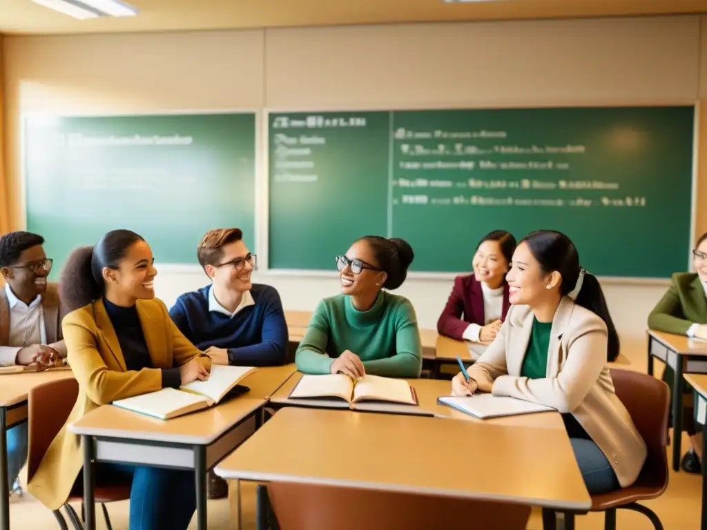 Estudiantes multiculturales colaborando con software de traducción en educación multilingüe en un aula vintage