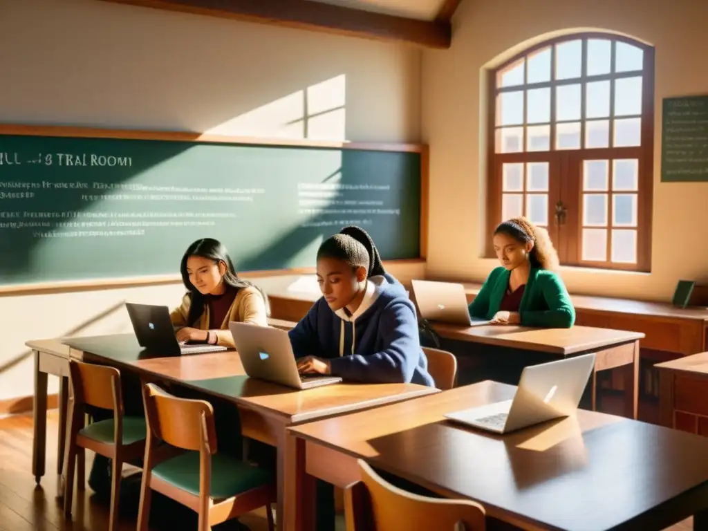 Estudiantes multiculturales usan software de traducción en aula vintage, con pizarrón multilingüe y luz cálida