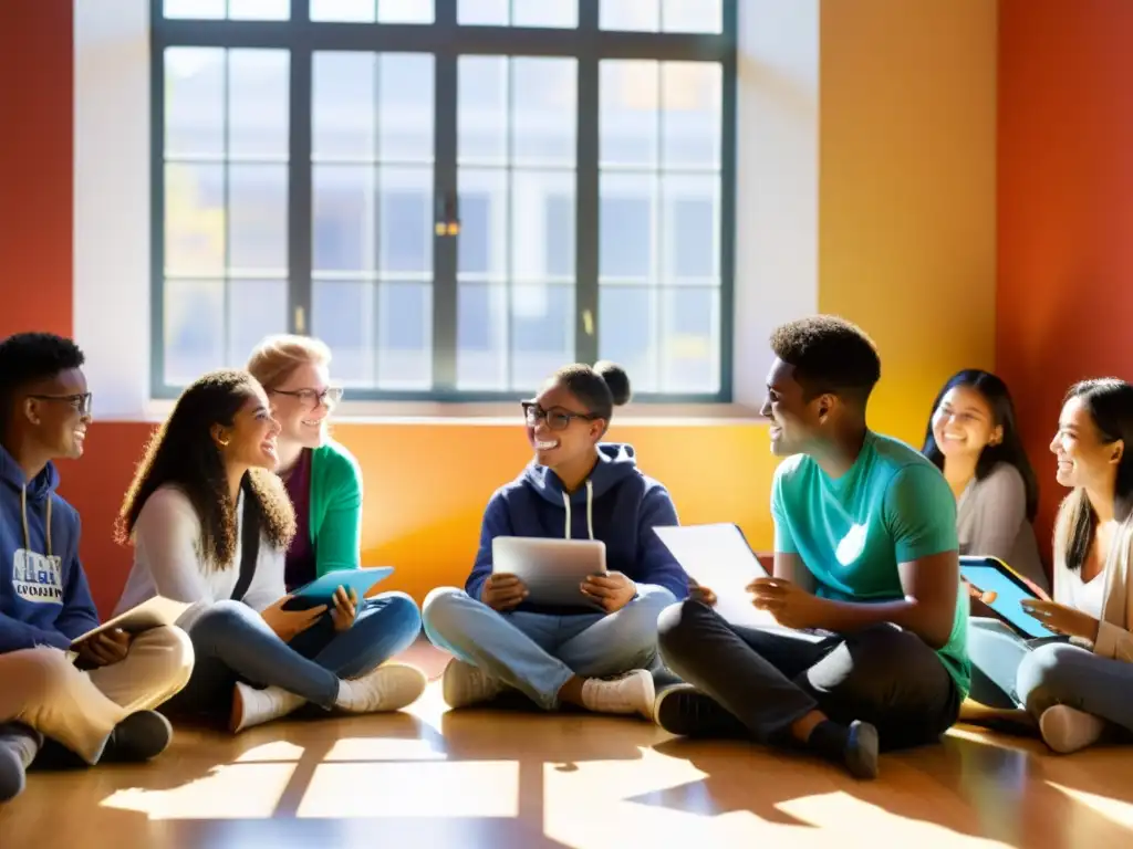 Estudiantes diversos colaboran en plataformas digitales para lenguas en riesgo, en un ambiente cálido y acogedor