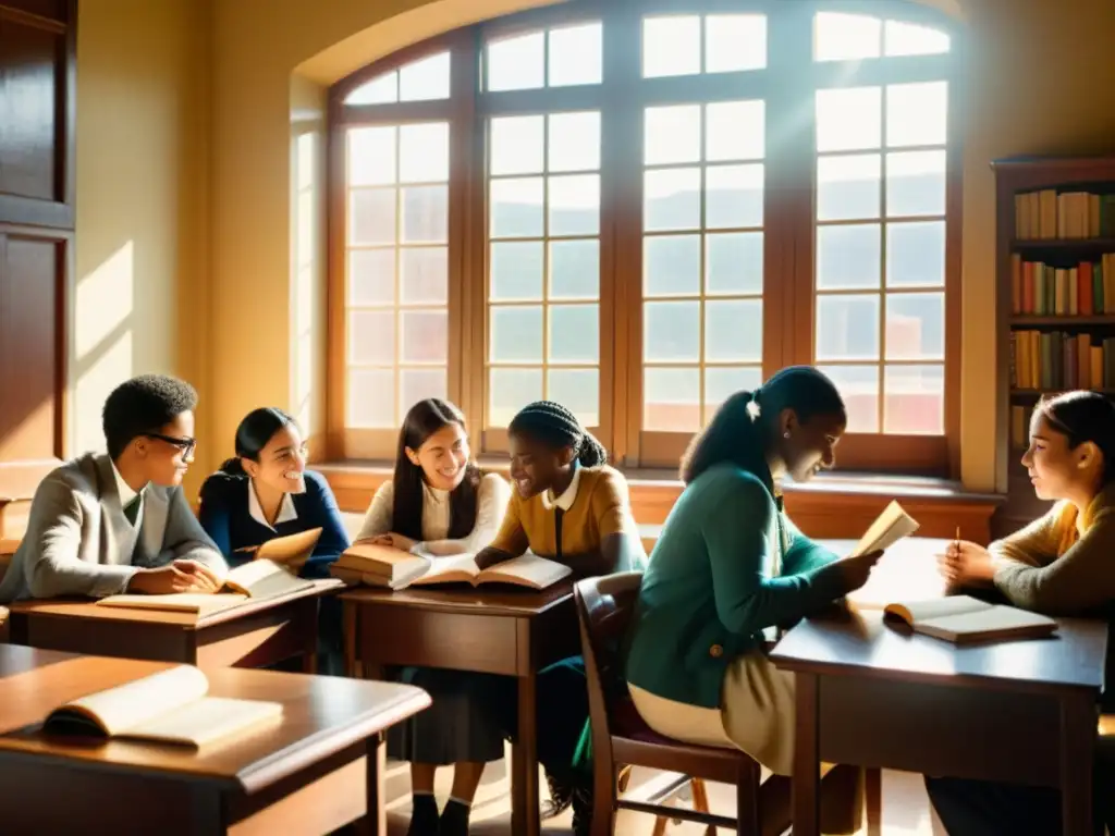 Estudiantes participando en un programa de intercambio efectivo de idiomas en un aula vintage, inmersos en conversaciones profundas mientras rodeados de libros antiguos y materiales de aprendizaje