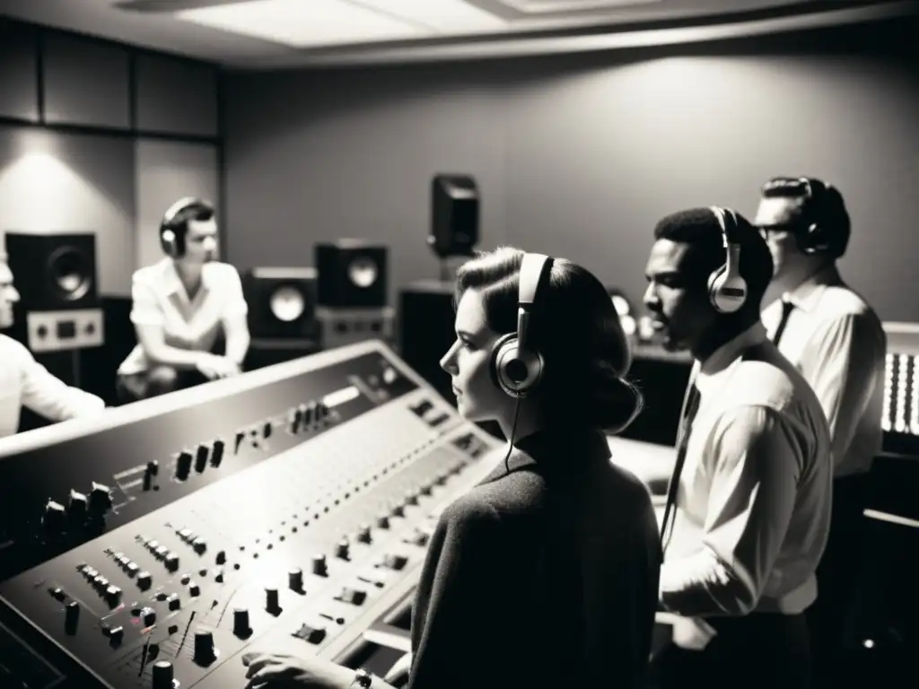 Un estudio de grabación vintage en blanco y negro con gente trabajando en equipos de sonido