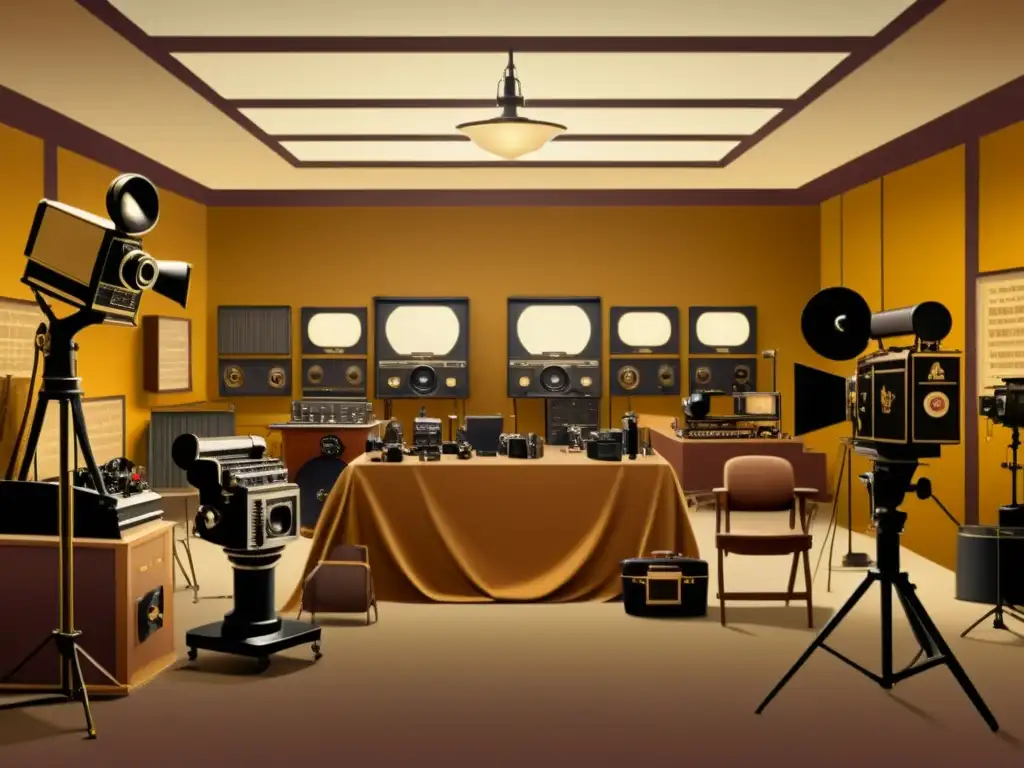 Un estudio de producción cinematográfica vintage con directores, actores y equipo colaborando en el set