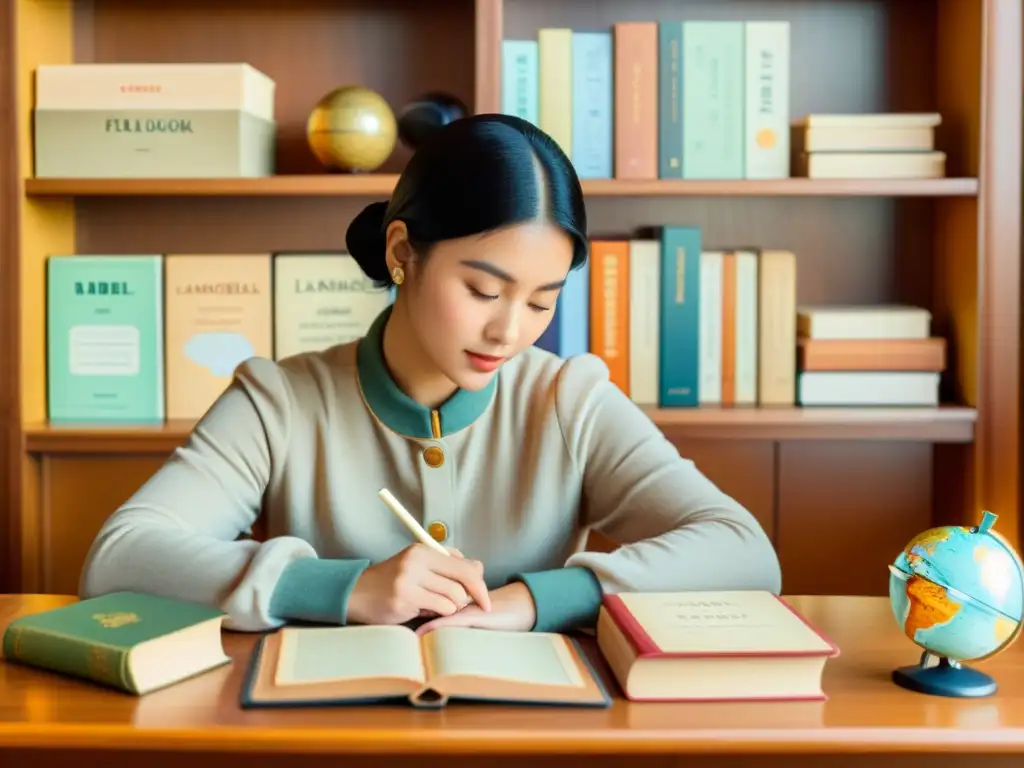 Estudio de idiomas con Babbel: ambiente vintage de aprendizaje rodeado de libros, tarjetas y un globo terráqueo