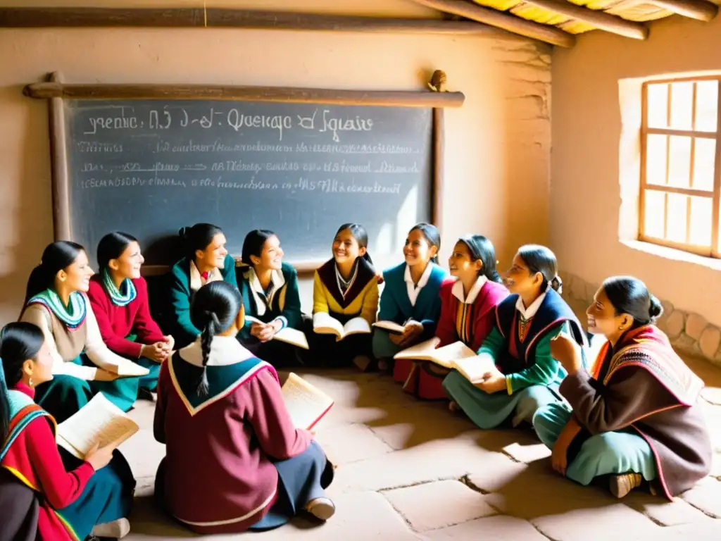 Estudio de lengua quechua en Cusco, Perú: clase en edificio andino con alumnos, maestro, pizarrón y textiles coloridos