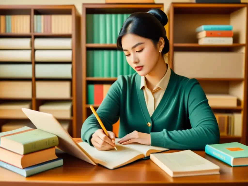 Estudio vintage rodeado de libros, tarjetas y tecnología para aprender idiomas