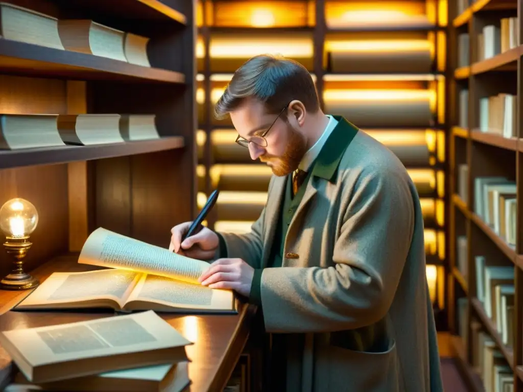 Un estudioso celta compara manuscritos antiguos rodeado de libros y pergaminos, con una cálida luz nostálgica