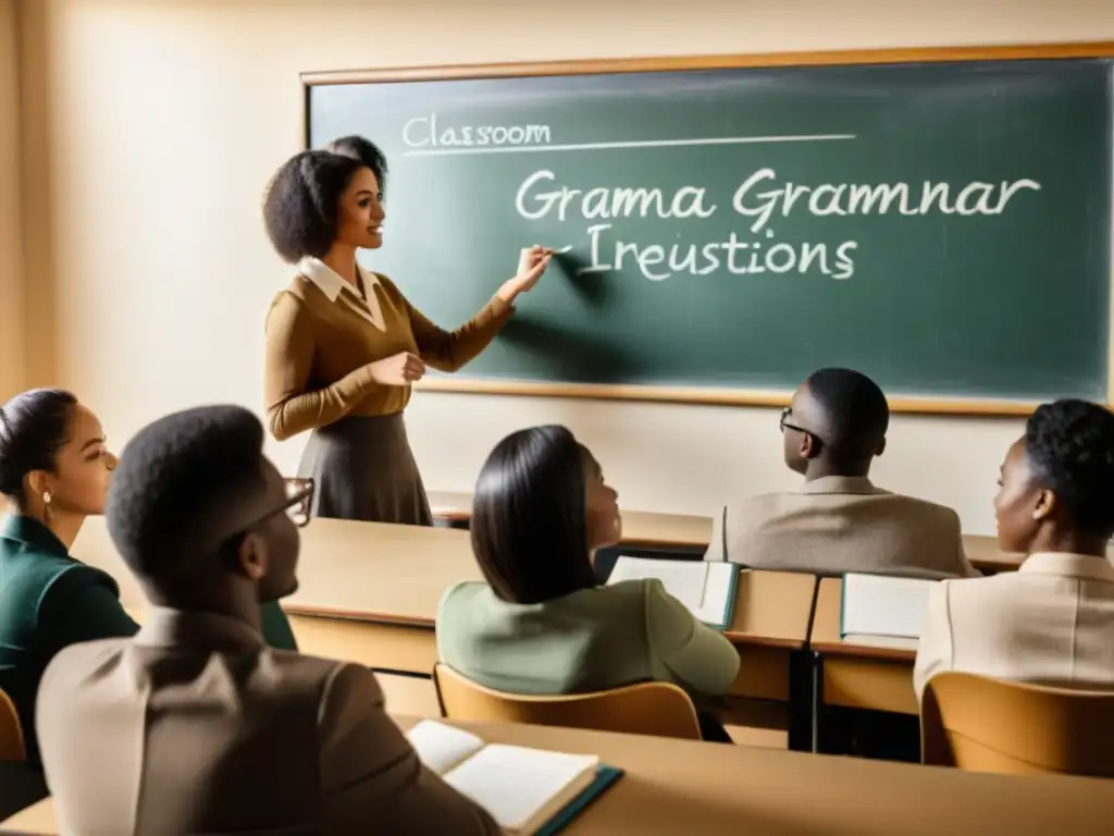 Clase de idiomas vintage con instructor experimentado Experimentado instructor enseñando estrategias de enseñanza de segundas lenguas en aula vintage con estudiantes participativos