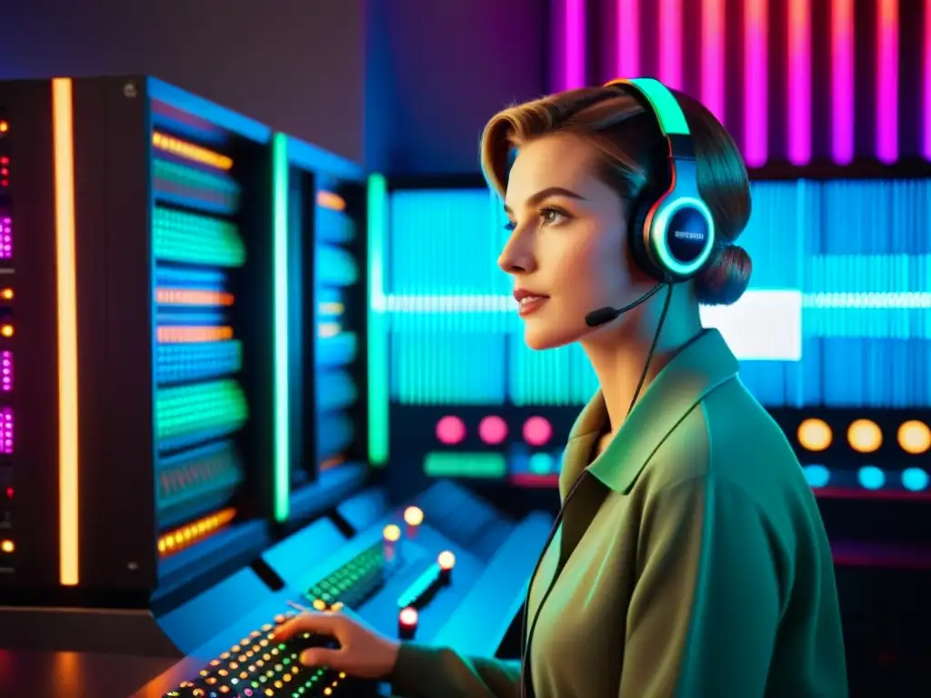 Un experto emite comandos de voz a una computadora vintage con cables y luces parpadeantes