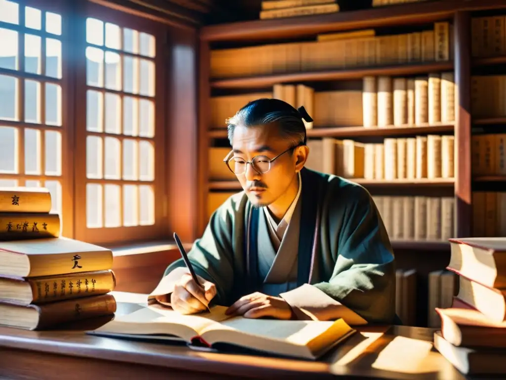 Experto en gramática de lenguas Qiangic de China, concentradamente anotando manuscritos antiguos en un ambiente académico cálido y detallado