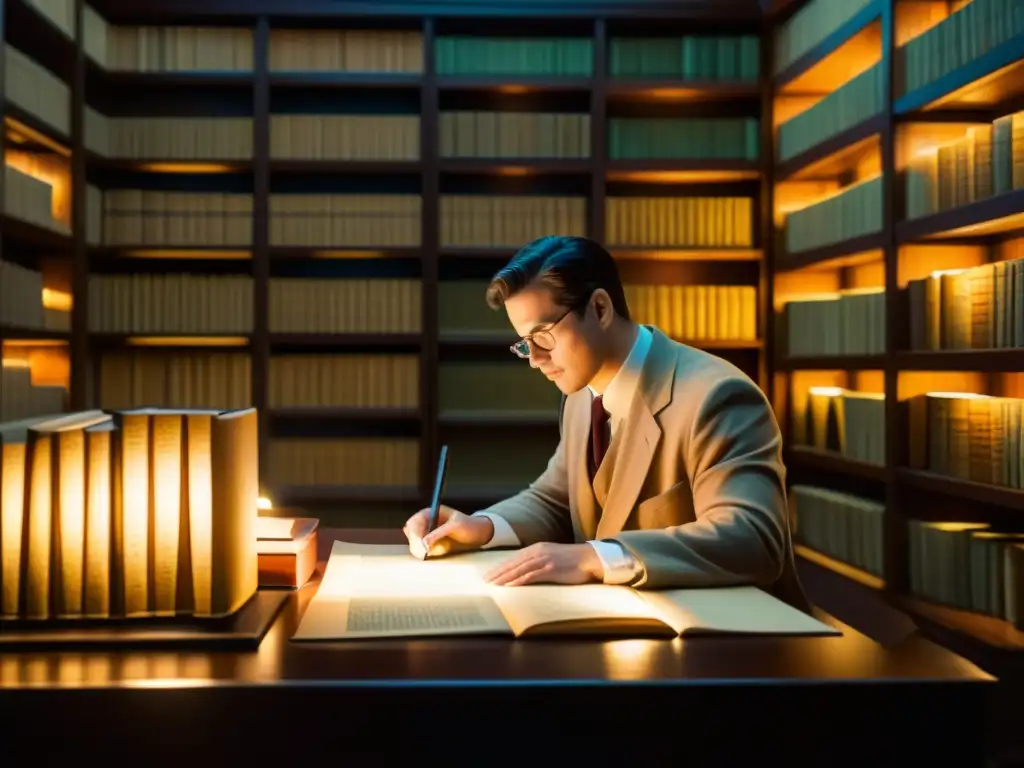 Un experto lingüista estudia antiguos scripts en una biblioteca tenue, rodeado de libros antiguos