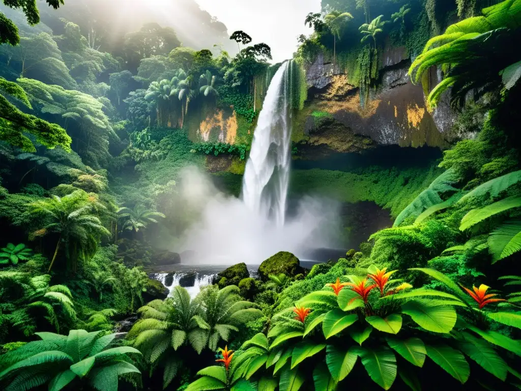 Un exuberante bosque tropical con vegetación vibrante, árboles imponentes y aves exóticas