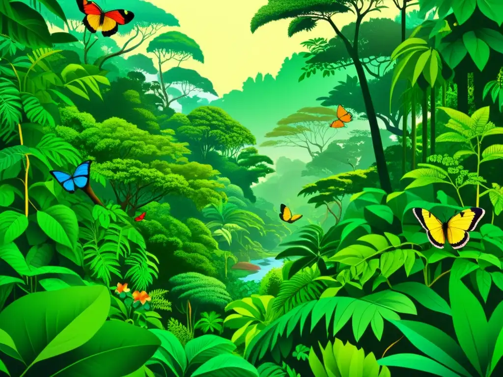 Una ilustración vintage de una exuberante selva con diversa flora y fauna, evocando armonía y conexión en la naturaleza