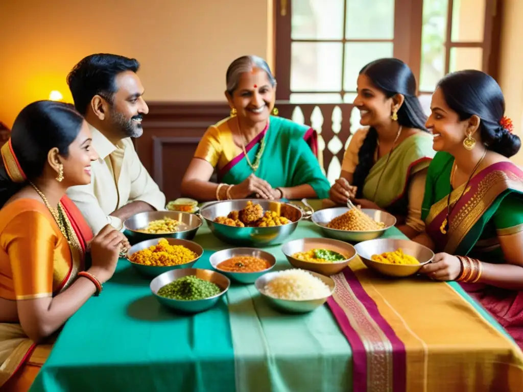 Una familia india disfruta de una comida tradicional en un ambiente cálido y lleno de color, reflejando la herencia cultural hindi y tradiciones