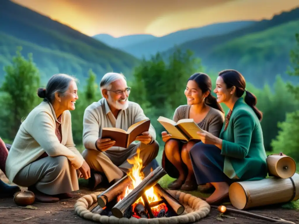 Una familia multigeneracional escuchando historias alrededor de una fogata, perpetuación de historias en diferentes lenguas