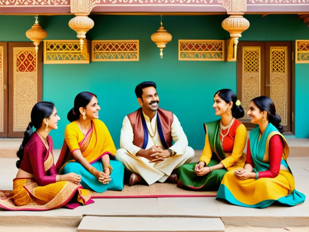 Una ilustración vintage de una familia gujarati conversando en un patio decorado con tapices coloridos y tallados de madera