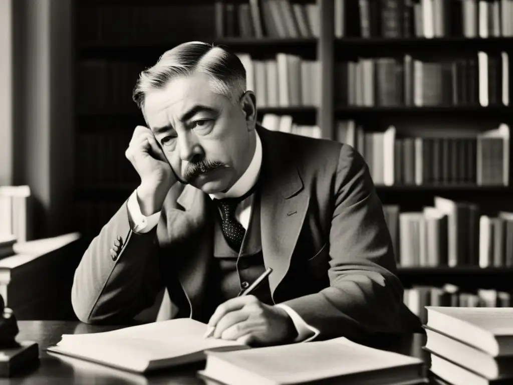 Ferdinand de Saussure reflexiona en su escritorio, rodeado de libros y papeles