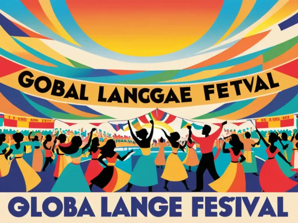 Un festival lingüístico global con gente de diversas culturas y etnias celebrando en un ambiente festivo y colorido al aire libre al atardecer