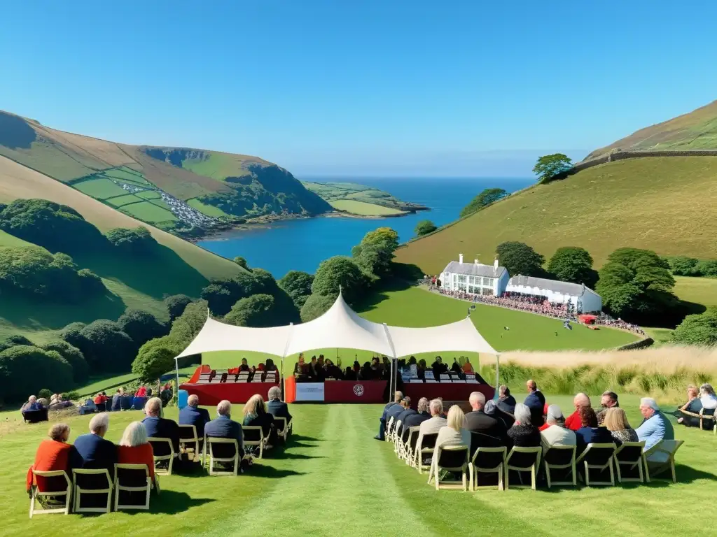 Festival literario galés: autores, paisaje y cultura vibrante Un festival literario contemporáneo en Gales, con autores y poetas leyendo en galés e inglés frente a un paisaje pintoresco