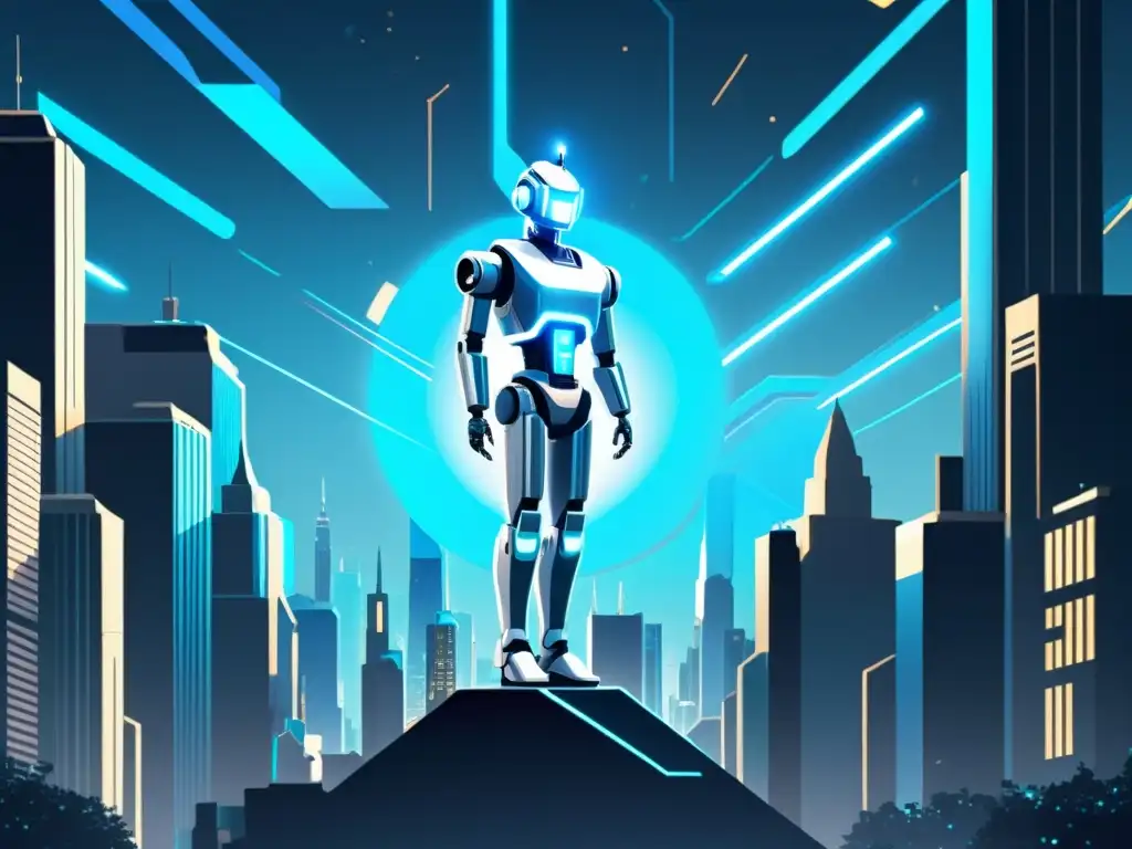 Una ilustración vintage muestra una figura robótica futurista en una bulliciosa ciudad, rodeada de traducciones holográficas