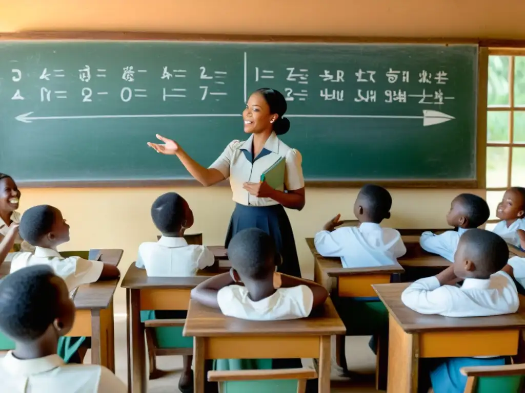 Aprender fonética lenguas bantúes en una clase tradicional con maestro y estudiantes concentrados en la pronunciación de sonidos