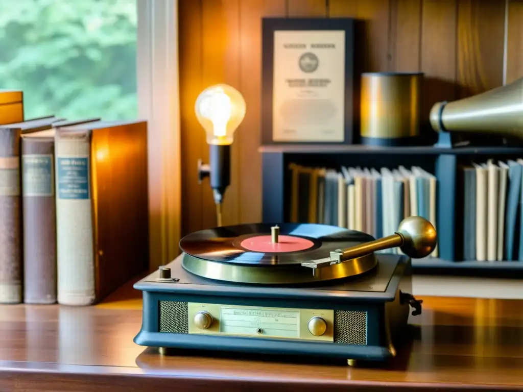 Un fonógrafo antiguo rodeado de discos de vinilo, iluminado por una cálida bombilla Edison