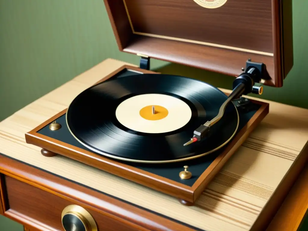 Un fonógrafo vintage con un disco de vinilo girando, mostrando sus intrincados surcos y la aguja trazando delicadamente las ondas de sonido