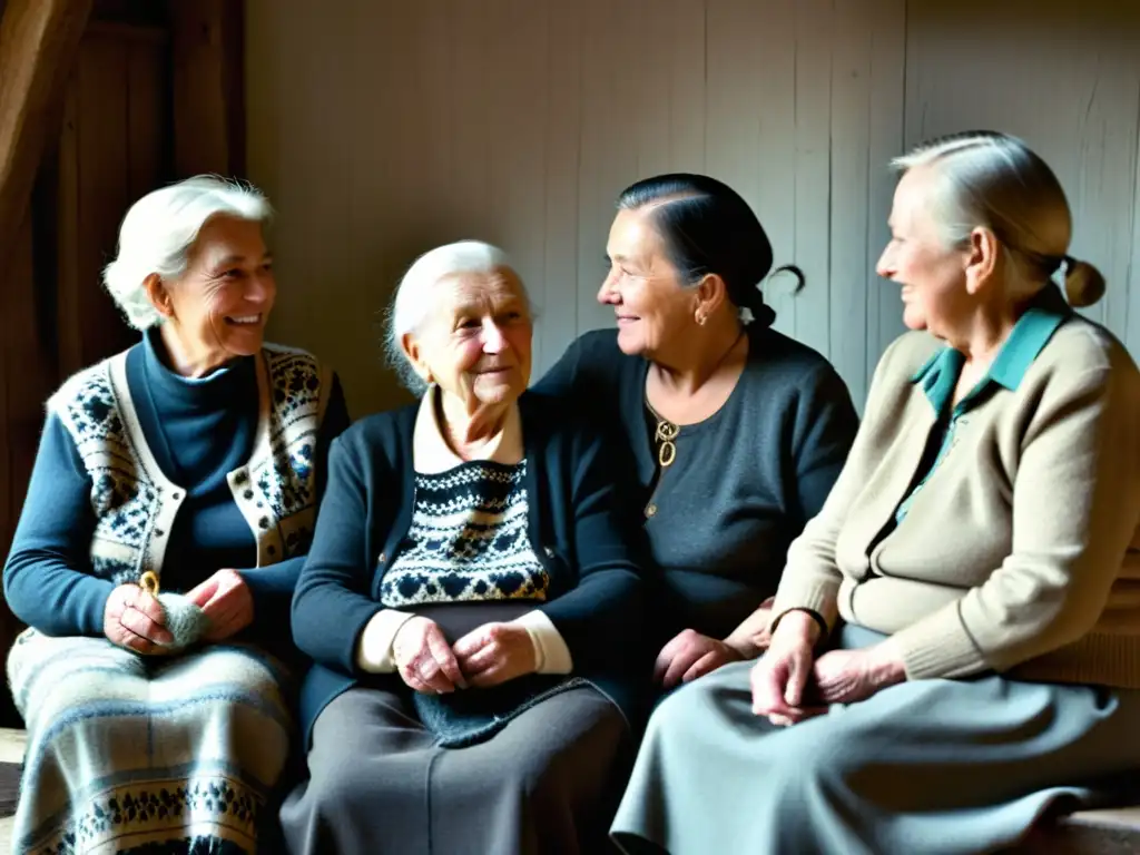 Foto en blanco y negro de ancianos frisones tejiendo y conversando en una acogedora granja, reflejando la lucha por sobrevivir lengua germánica