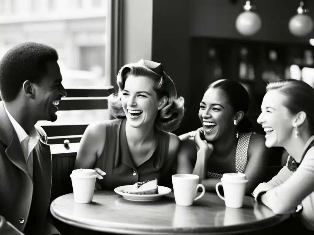 Imagen de grupo animado en café vintage Una foto en blanco y negro de un animado grupo de personas en un café, captando sarcasmo y humor en NLP