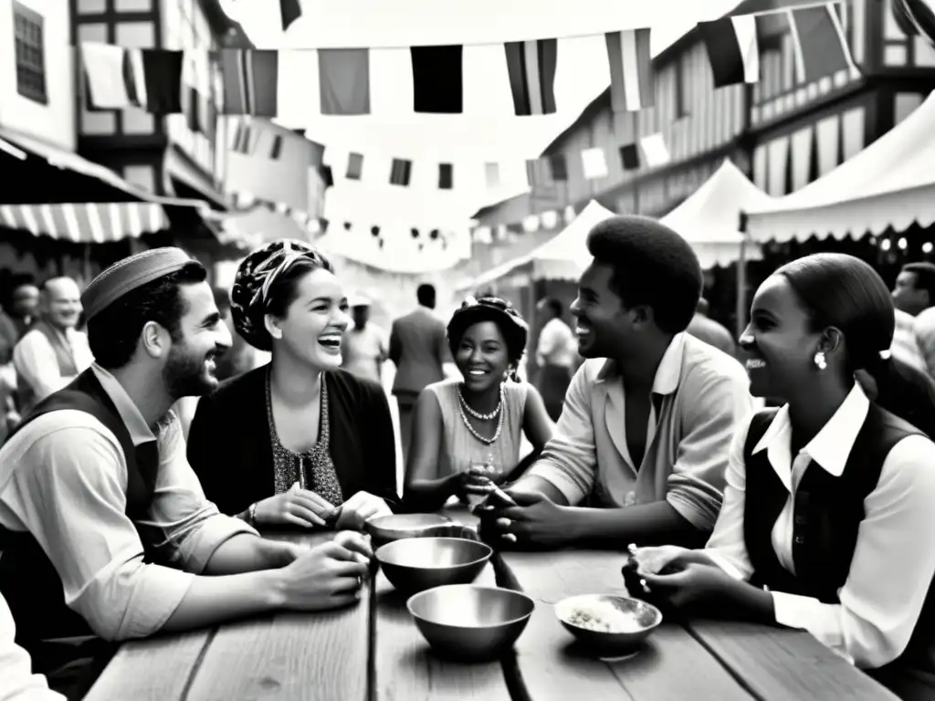 Foto en blanco y negro de un animado grupo diverso en un bullicioso mercado, evocando aceptación y diversidad de dialectos