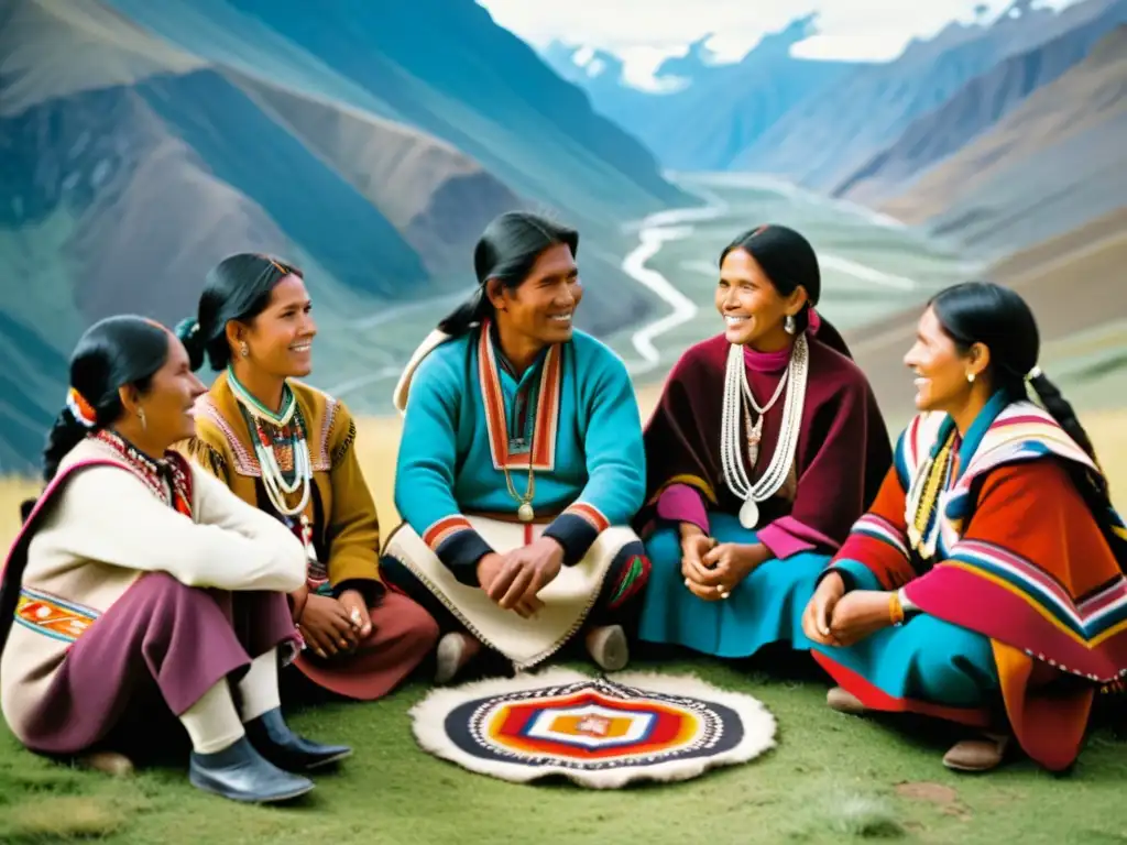 Foto sepia de grupo Quechua en Cusco, intercambiando historias y sabiduría en círculo, resalta la evolución del lenguaje y cultura andina