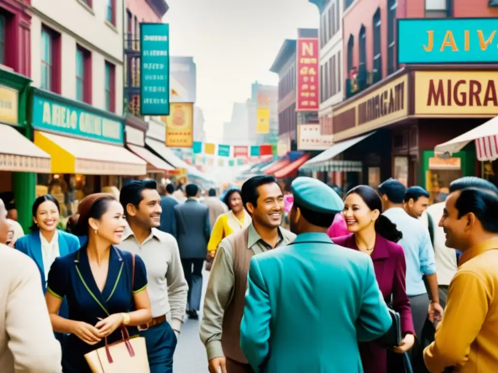 Una foto vintage de una bulliciosa comunidad de inmigrantes, mostrando una diversa interacción lingüística y riqueza cultural en una calle de ciudad