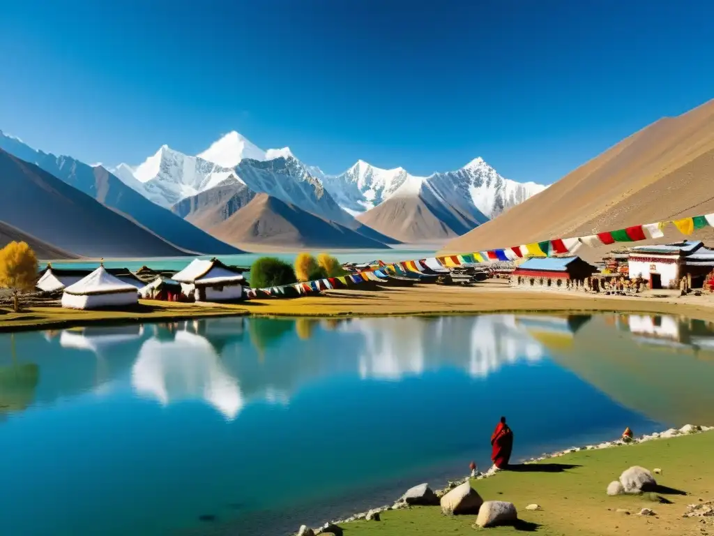 Foto vintage impresionante de un pueblo tibetano entre montañas nevadas, reflejando la belleza natural y la autenticidad cultural de las etnias sinotibetanas