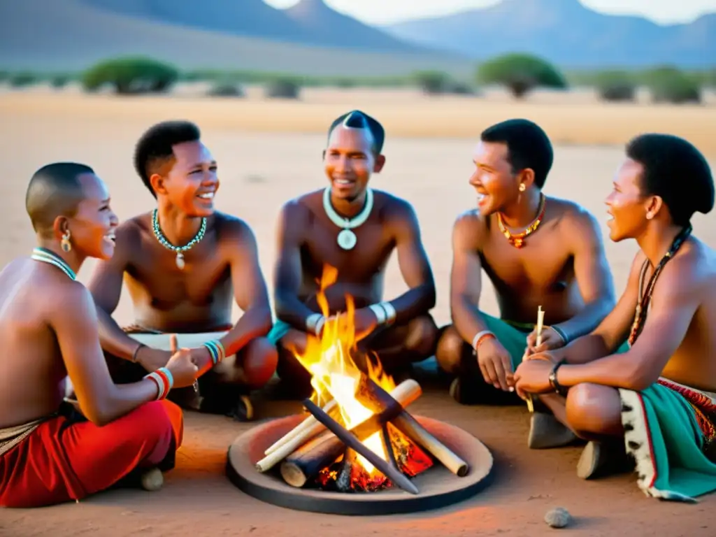 Foto vintage de personas khoisan con sonidos únicos en lenguas khoisan, danzas y vestimenta tradicional alrededor de una fogata