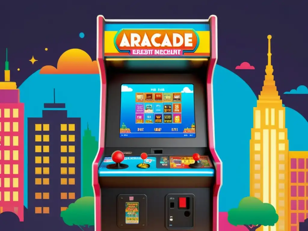 Un gabinete de arcade vintage con juego de idiomas, iluminado por pantalla brillante