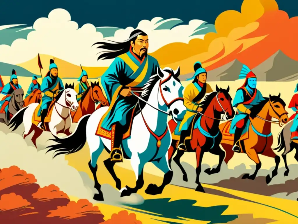 La ilustración vintage muestra a Genghis Khan liderando una horda de guerreros montados en la estepa