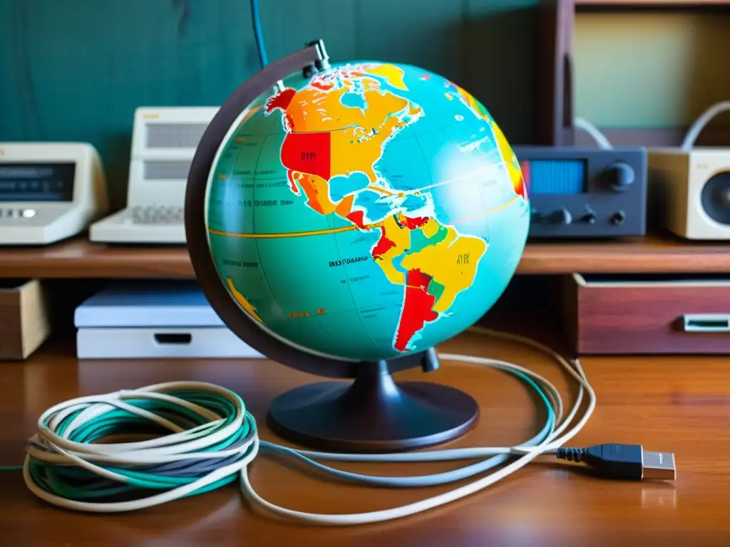 Un globo terráqueo antiguo rodeado de cables Ethernet coloridos, conectado a tecnología obsoleta