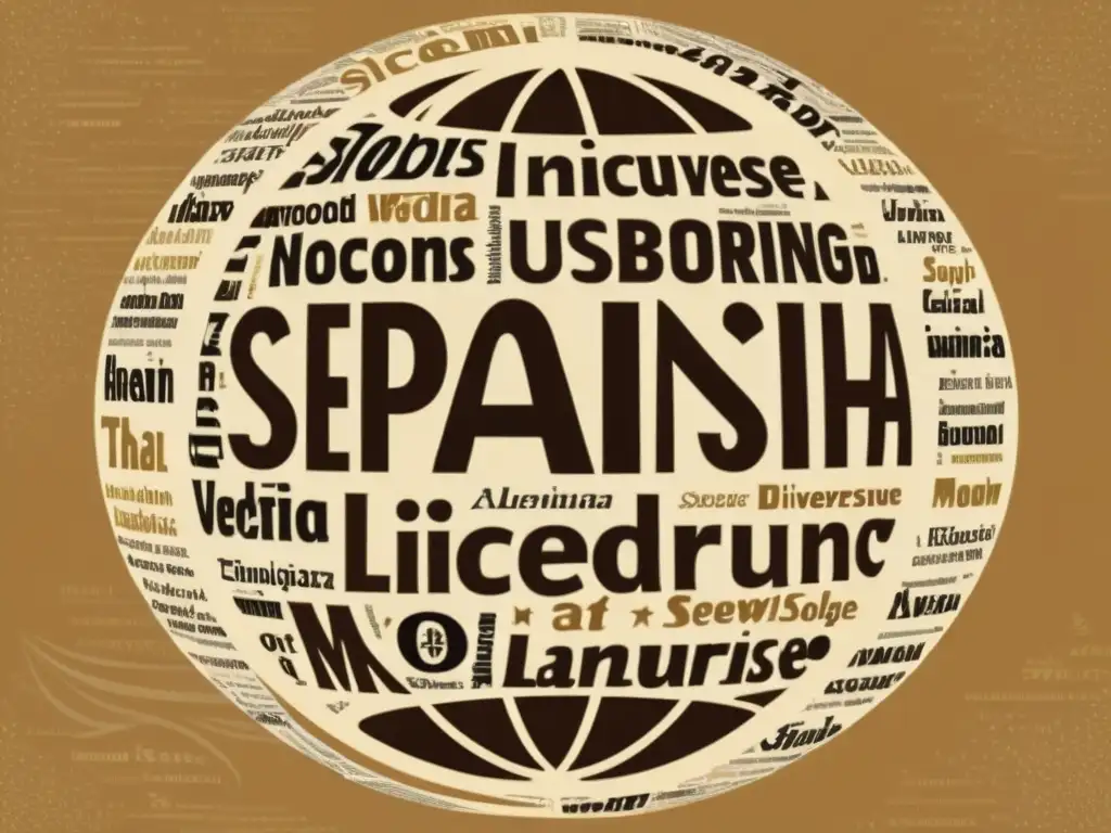 Un globo terráqueo vintage rodeado por palabras de diferentes idiomas, con el español en el centro, evocando préstamos lingüísticos en español