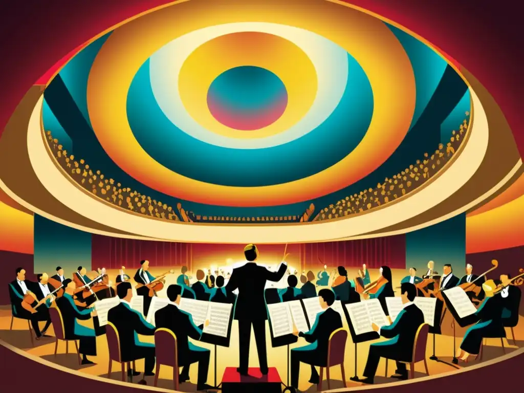 Una ilustración vintage de una gran orquesta interpretando en un magnífico auditorio, capturando la esencia de la musicalidad en literatura bilingüe