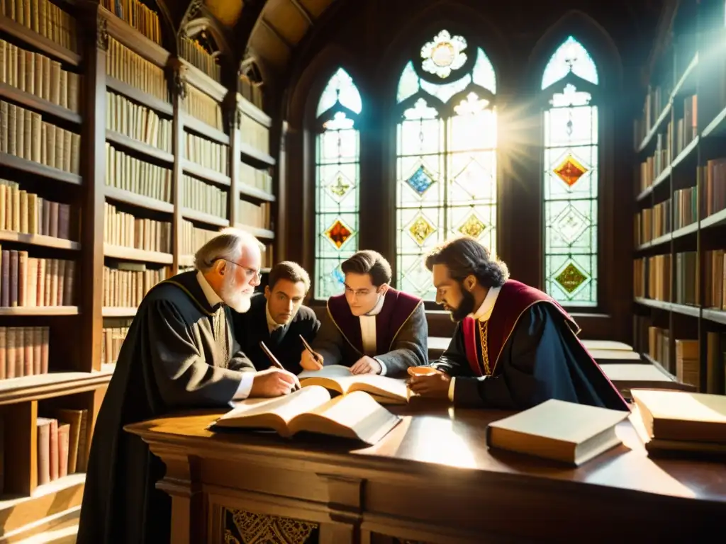 Grupo de académicos discutiendo en una antigua biblioteca, explorando técnicas modernas filología germánica en un ambiente de sabiduría atemporal